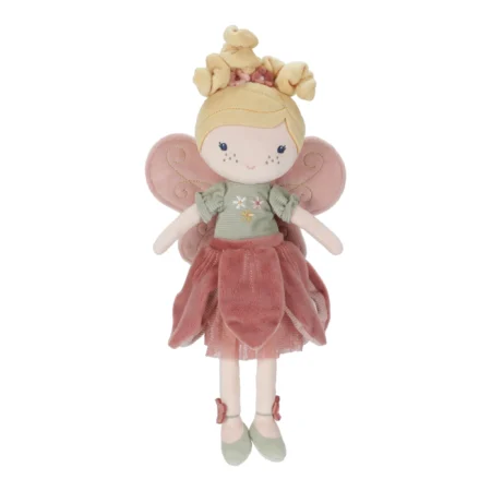 Plush fairy doll with pale yellow hair, pink wings, and a green dress standing upright against a white background.