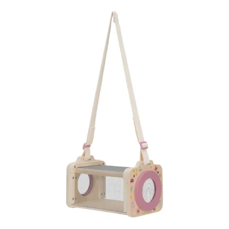 Wooden toy carrier or suitcase hanging from fabric straps, pink round wheel, floral decorations (Little Dutch).