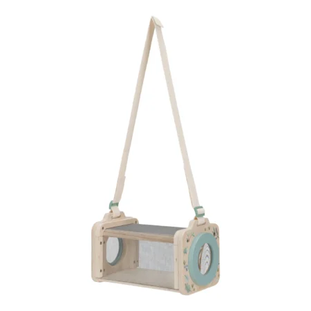 Wooden child’s toy suspended by fabric straps, hanging from above, with pastel blue accents and mesh paneling on the sides.