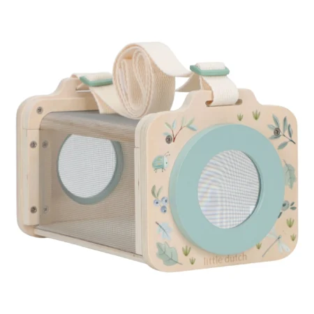 Wooden toy camera in beige with a pastel blue circular lens, floral accents, and a fabric strap for play pretend photography.