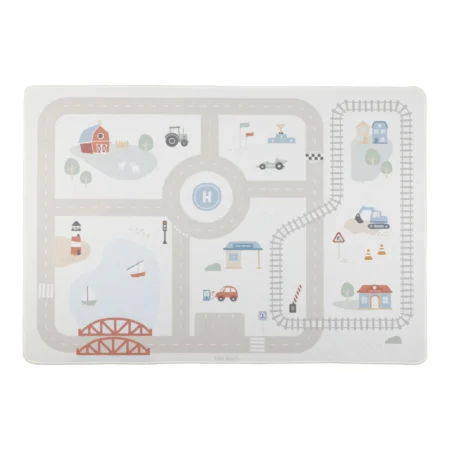 Play mat showing a city road diagram: roundabout center, railroad on the right, bridges bottom left, and small buildings, cars, boats, and a hospital symbol in the middle area.