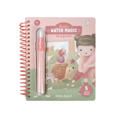 Pink spiral-bound kids' activity book titled Rosa's Water Magic: Fairy Garden, with a pink water brush attached on the left edge. Includes 5 colour sheets.
