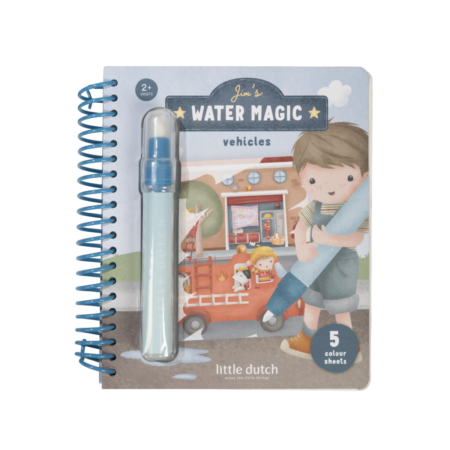 Water Magic Vehicles kids' activity book, spiral-bound with a blue marker attached; cover shows a boy and a fire truck scene.