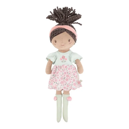 Plush doll with dark braided hair, pink headband, wearing a light blue top and a pink floral skirt.