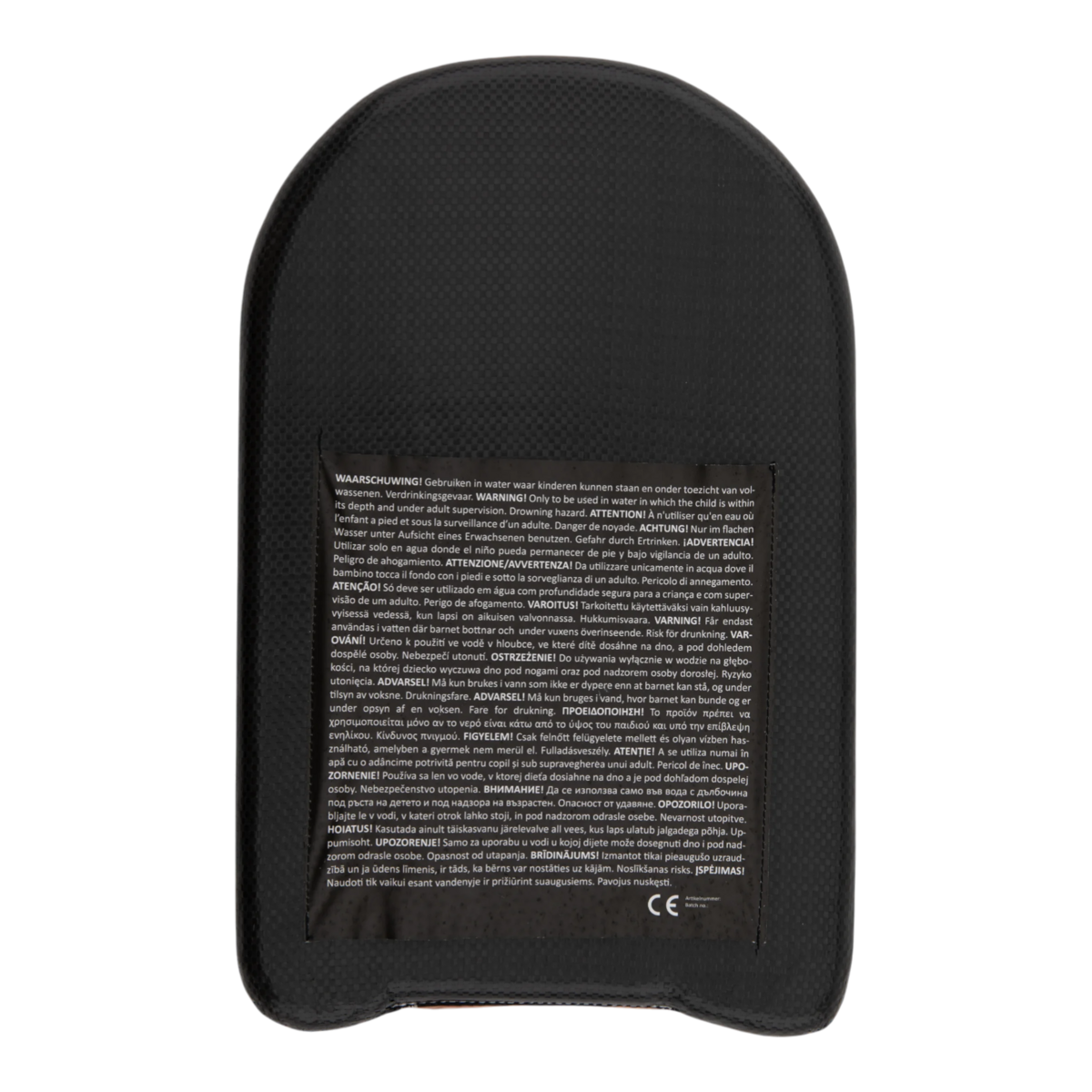 image_41430 Back of a black backpack with a rectangular multilingual warning label on the lower half