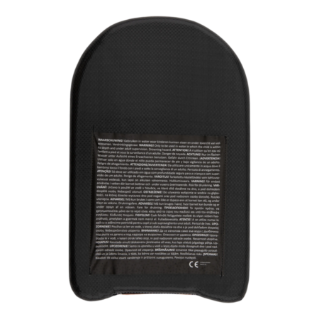 Back side of a black backpack with a rectangular label containing multilingual safety warnings and a CE mark.
