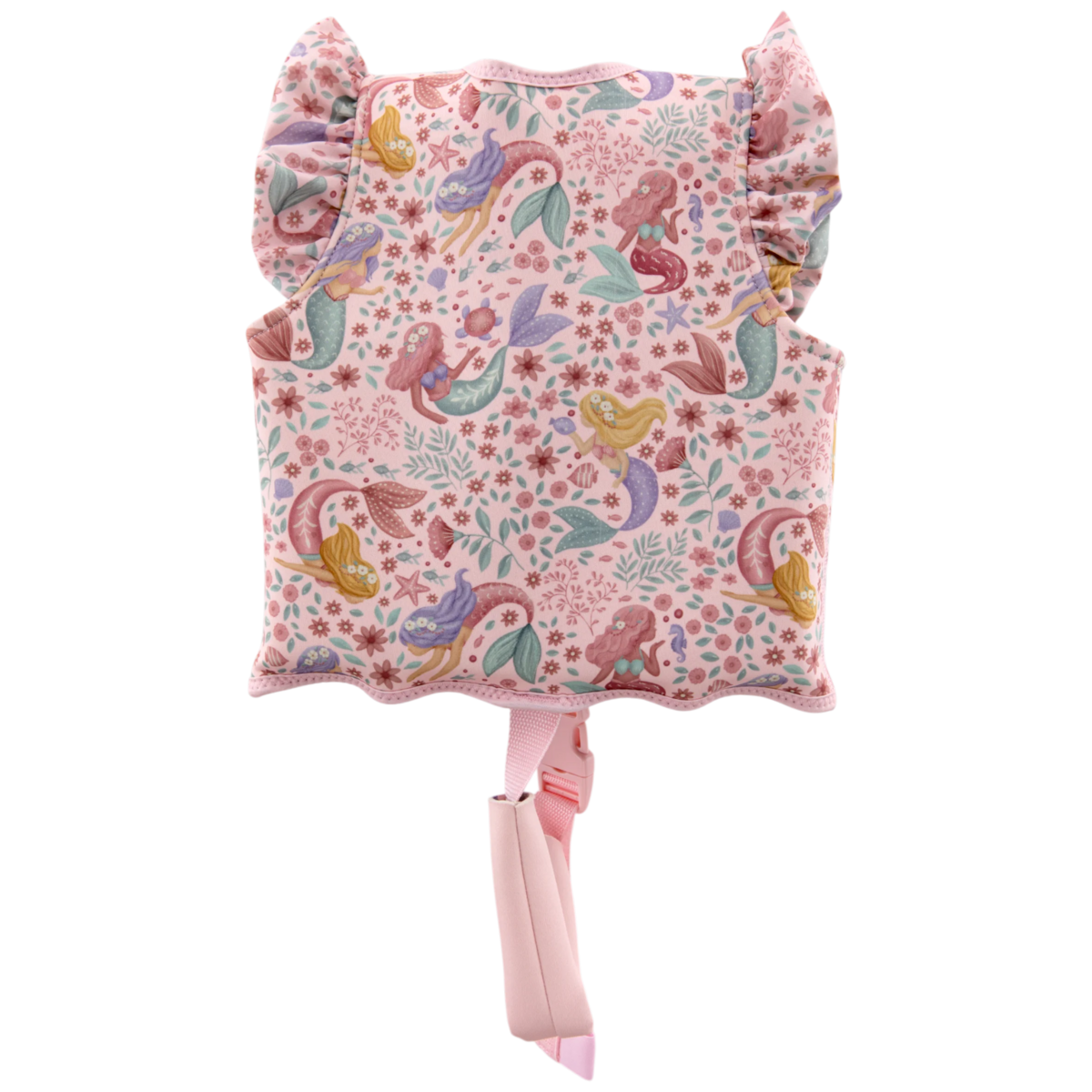 image_41439 Pink kids' backpack featuring a pastel mermaid-and-flower print, with ruffled shoulder panels and pink adjustable straps hanging below.
