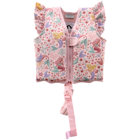 Pink kids' life vest with a mermaid-flower print, front zipper and adjustable buckle strap for safety.