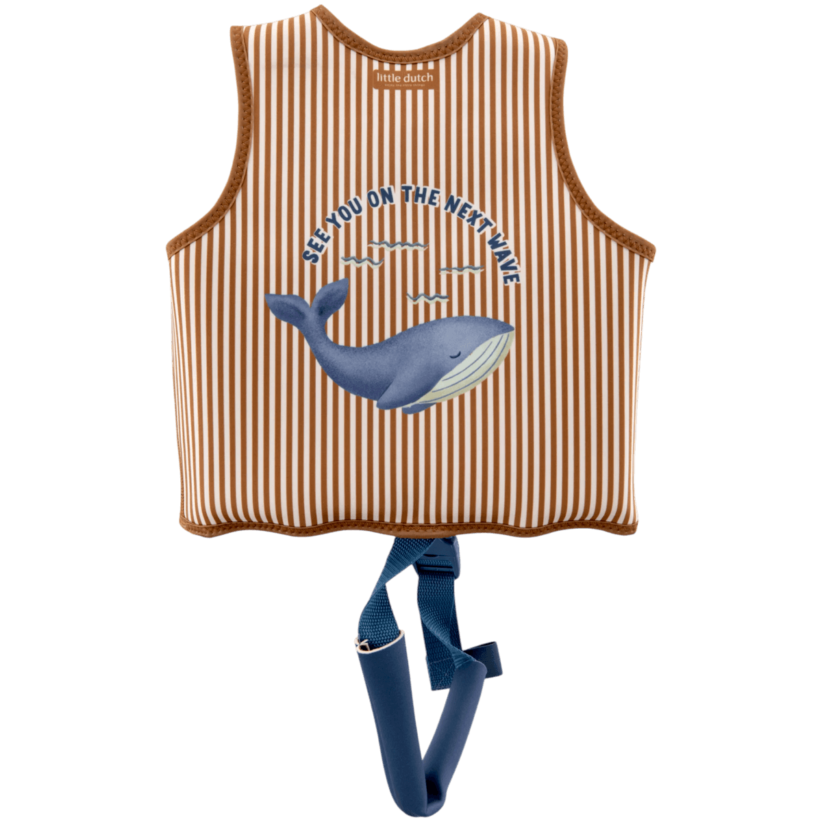 image_41444 Striped brown-and-white kids' inflatable life vest with a blue whale illustration and navy adjustable straps, by Little Dutch
