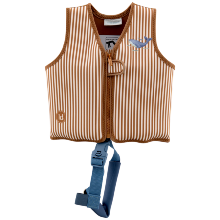 Child-sized brown-and-white striped life jacket with a front zipper and blue adjustable strap and a small whale patch on the chest.