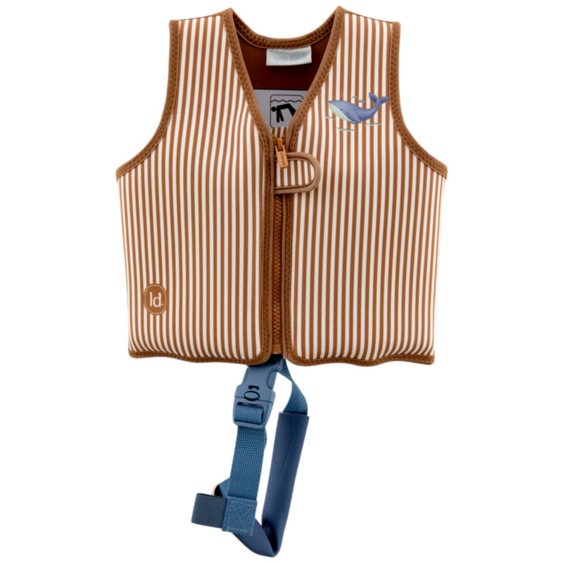 image_41445 Child-sized brown-and-white striped life jacket with a front zipper and blue adjustable strap and a small whale patch on the chest.