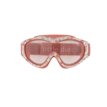 Pink patterned children's swim goggles with floral border and pink-tinted lenses, brand name 'little dutch' visible on the strap.