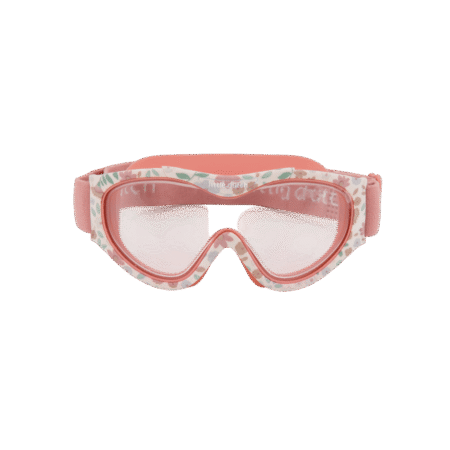 Pink floral-patterned kids' swimming goggles with an adjustable pink strap and clear lenses.
