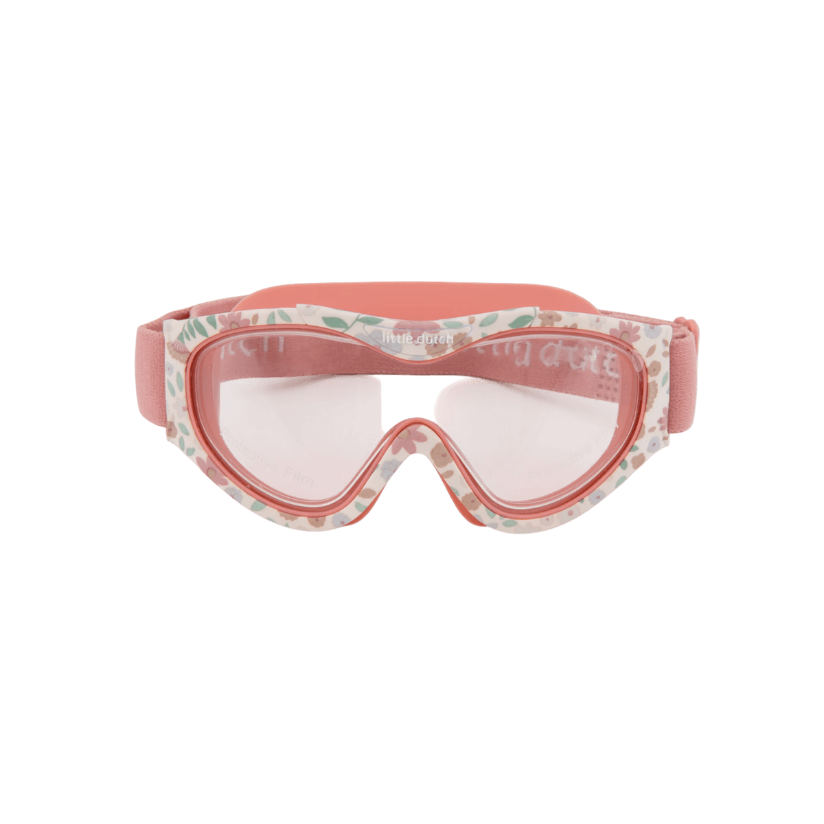 image_41447 Pink floral-patterned kids' swimming goggles with an adjustable pink strap and clear lenses.