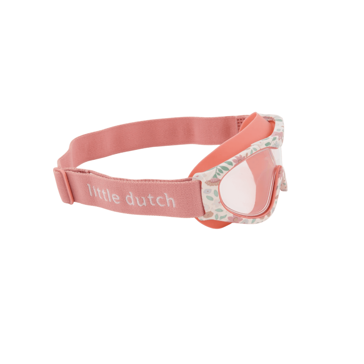 image_41450 Pink children's swimming goggles with a floral-patterned strap and adjustable pink band (brand: Little Dutch).