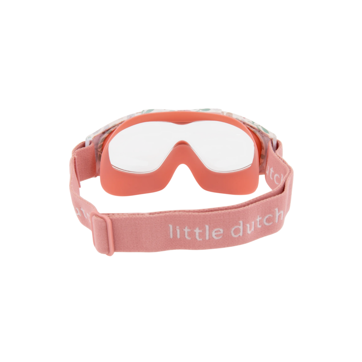image_41453 Pink child-sized swimming goggles with white lenses and an adjustable pink strap that reads 'little dutch'.