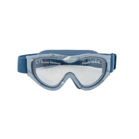 Blue safety goggles with an adjustable blue strap and clear lenses for eye protection in labs or workshops.