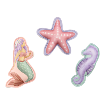 Three pastel aquatic patches: mermaid, pink starfish, and purple seahorse on a black background.