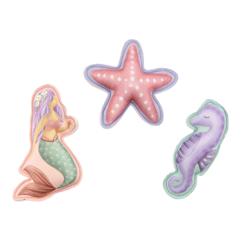 image_41637 Three pastel aquatic patches: mermaid, pink starfish, and purple seahorse on a black background.