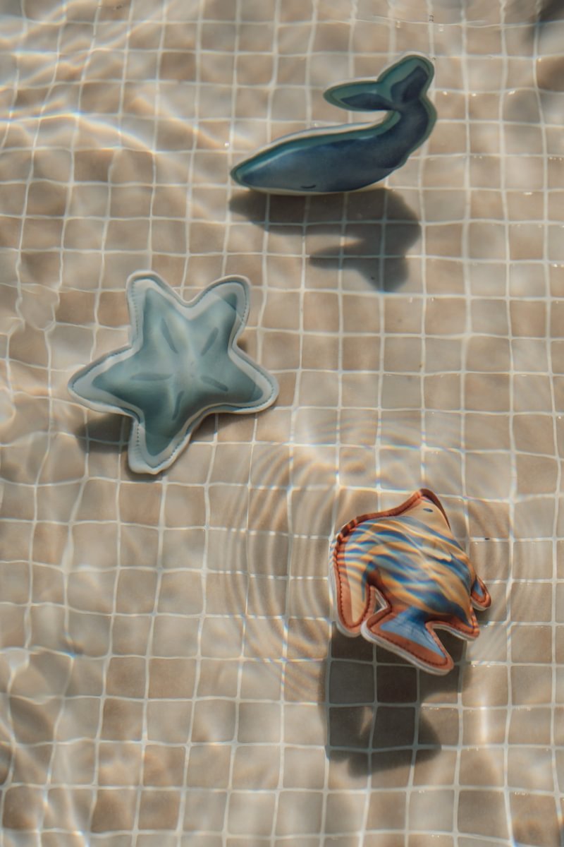 image_41648 Three bath toys on a sunlit tiled pool surface: a blue star, a blue whale, and a multicolored striped ball.