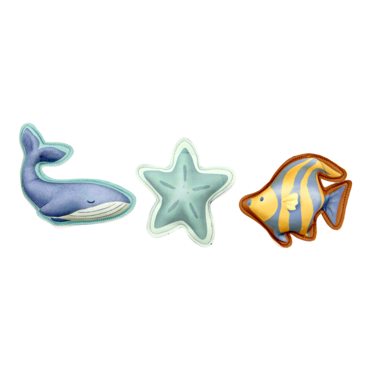 image_41652 Three plush sea creatures: a blue whale, a light blue starfish, and a yellow-and-blue striped fish.