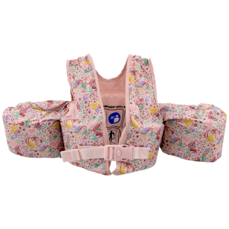 Pink floral pattern children's life jacket with foam flotation around the arms and a front buckle strap for securing.