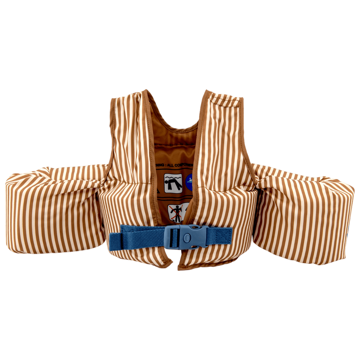 image_41679 Brown and white striped life jacket with a blue adjustable waist buckle, front view