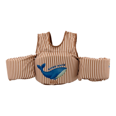 Child-sized striped life jacket with a blue whale graphic and 'Ocean World' branding on the front.