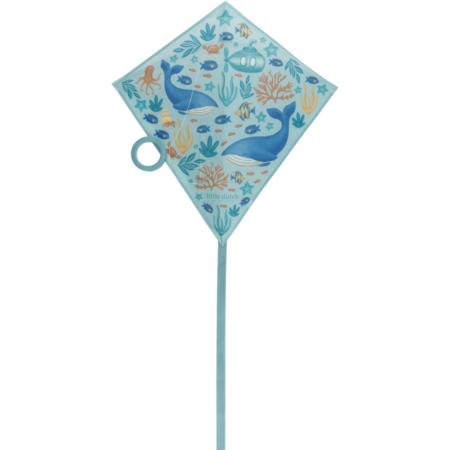 Blue diamond-shaped kid's kite with an underwater scene of whales, fish, and coral; features a circular handle and long tail at bottom tail.