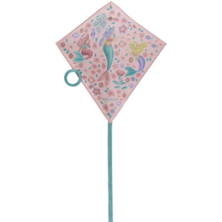 Pink mermaid-themed diamond kite with teal handle and string, by Little Dutch.