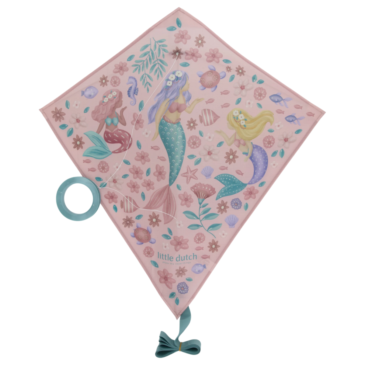 image_41703 Pink diamond-shaped kite for kids showcasing three mermaids among flowers and seashells; features a teal ring handle and teal bow at the bottom, with Little Dutch branding.