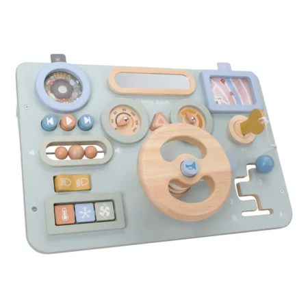 Wooden interactive toy car dashboard with a steering wheel, gauges, and colorful knobs for kids' pretend play.