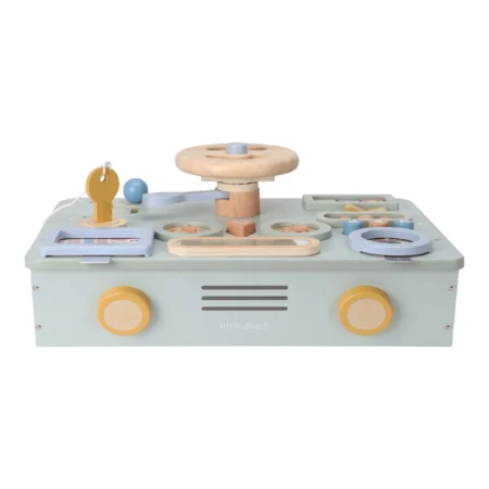Wooden toy activity station with colorful shapes, knobs, and gears on a pale blue base, designed for toddler exploration and fine motor play.