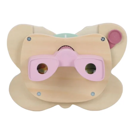 Wooden butterfly-shaped toy with pink oversized goggles mounted on a light wood frame, designed for children's pretend play.