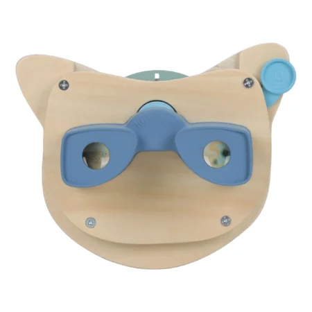 Wooden pig-shaped toy with blue plastic goggles attached over its face.
