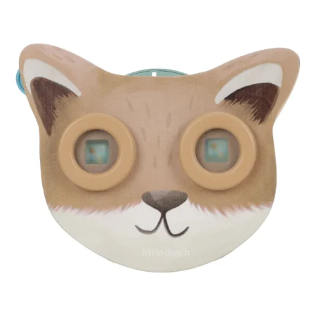 Cat-faced children's mask with large round eye holes and beige fur detail that covers the eyes for dress-up.