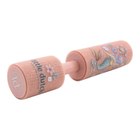 Pink fabric-covered toy dumbbell for kids featuring a mermaid illustration along the bar and the 'little dutch' logo on the end cap to the left