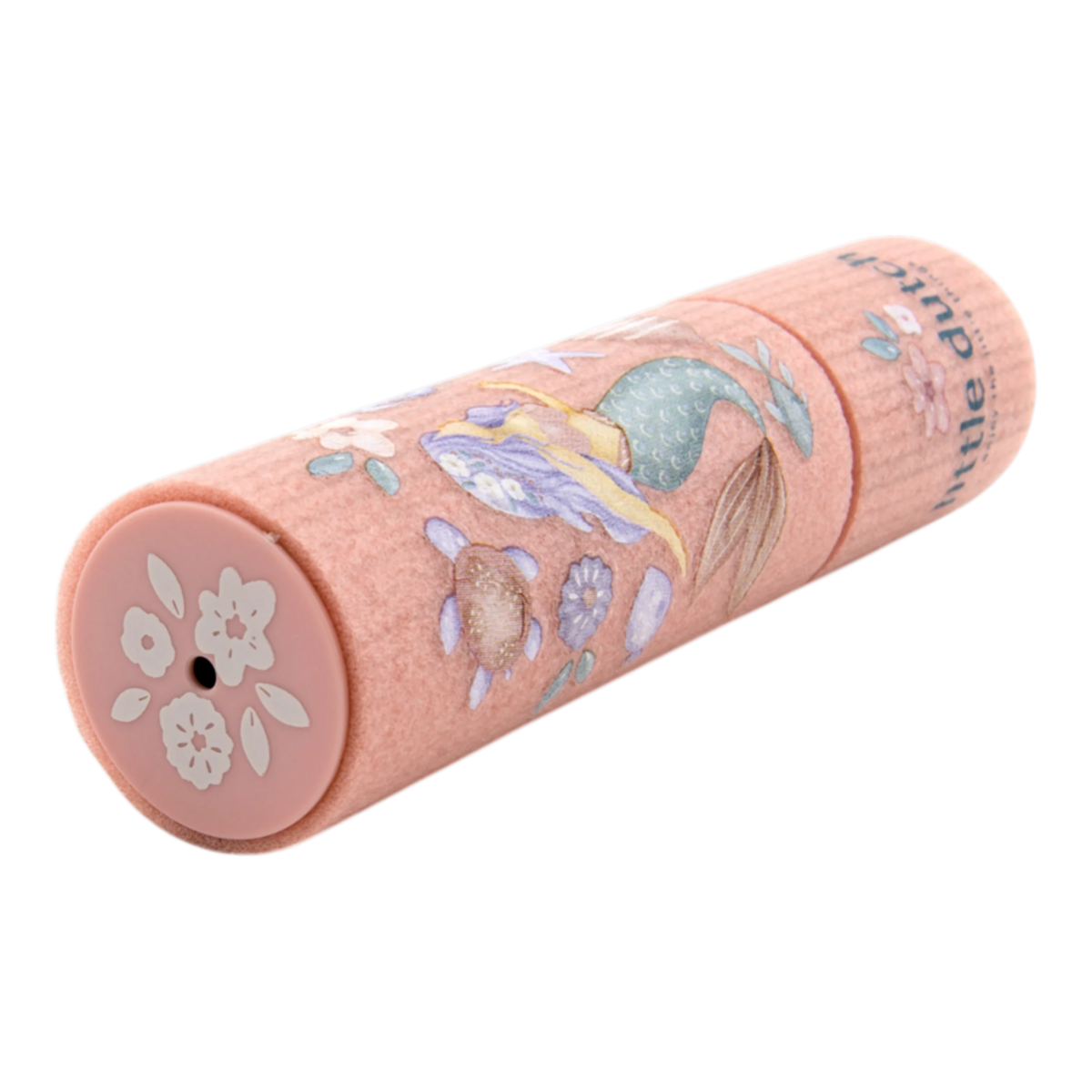 image_41771 Decorative pink velvet cylinder with floral print and a round end cap, likely a storage or display case.