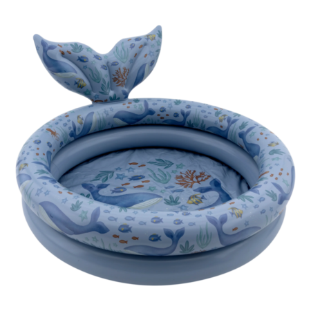 Blue circular inflatable baby swim ring with a mermaid tail and underwater creature pattern is for kids' pool use.