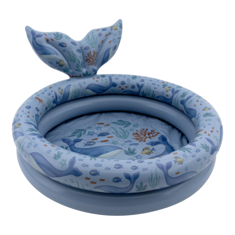 image_41782 Blue circular inflatable baby swim ring with a mermaid tail and underwater creature pattern is for kids' pool use.