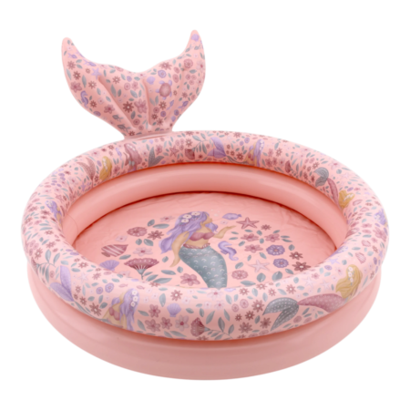Pink round inflatable kiddie pool with a mermaid illustration on the bottom and a floral border around the rim, featuring a tail-shaped float top.
