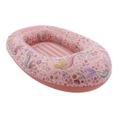 Pink inflatable baby float ring with mermaid and floral pattern (Little Dutch) for pool use.”,