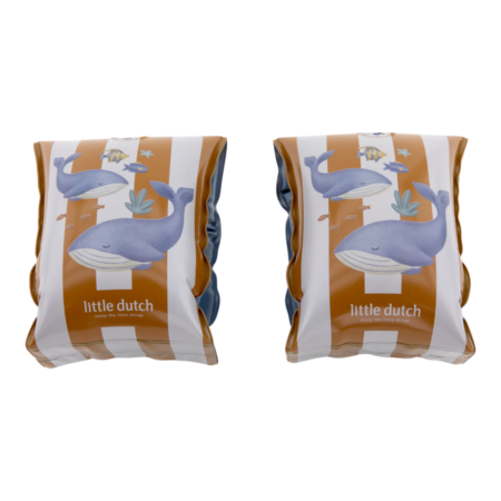 Two blue whale-shaped inflatable pillows with orange-and-white stripes and the 'little dutch' logo in front of a plain background.