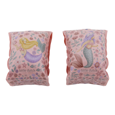 Pair of pink mermaid-themed decorative cushions with pastel flowers; each features a mermaid and 'little dutch' branding.