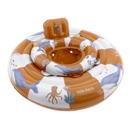 Inflatable pool float ring with orange and white blocks and blue sea-life illustrations for kids.