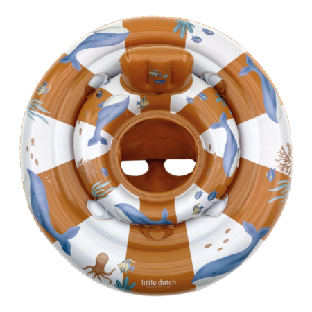 Orange-and-white striped inflatable toddler pool float with a built-in seat and sea-life designs on the outer ring.