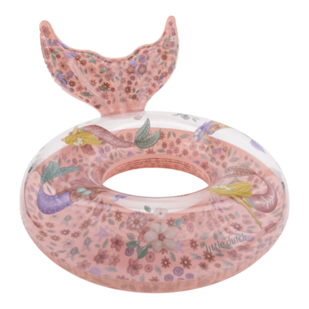 Pink donut-shaped inflatable pool float with a mermaid tail, covered in pastel floral patterns and Little Dutch branding (product float).