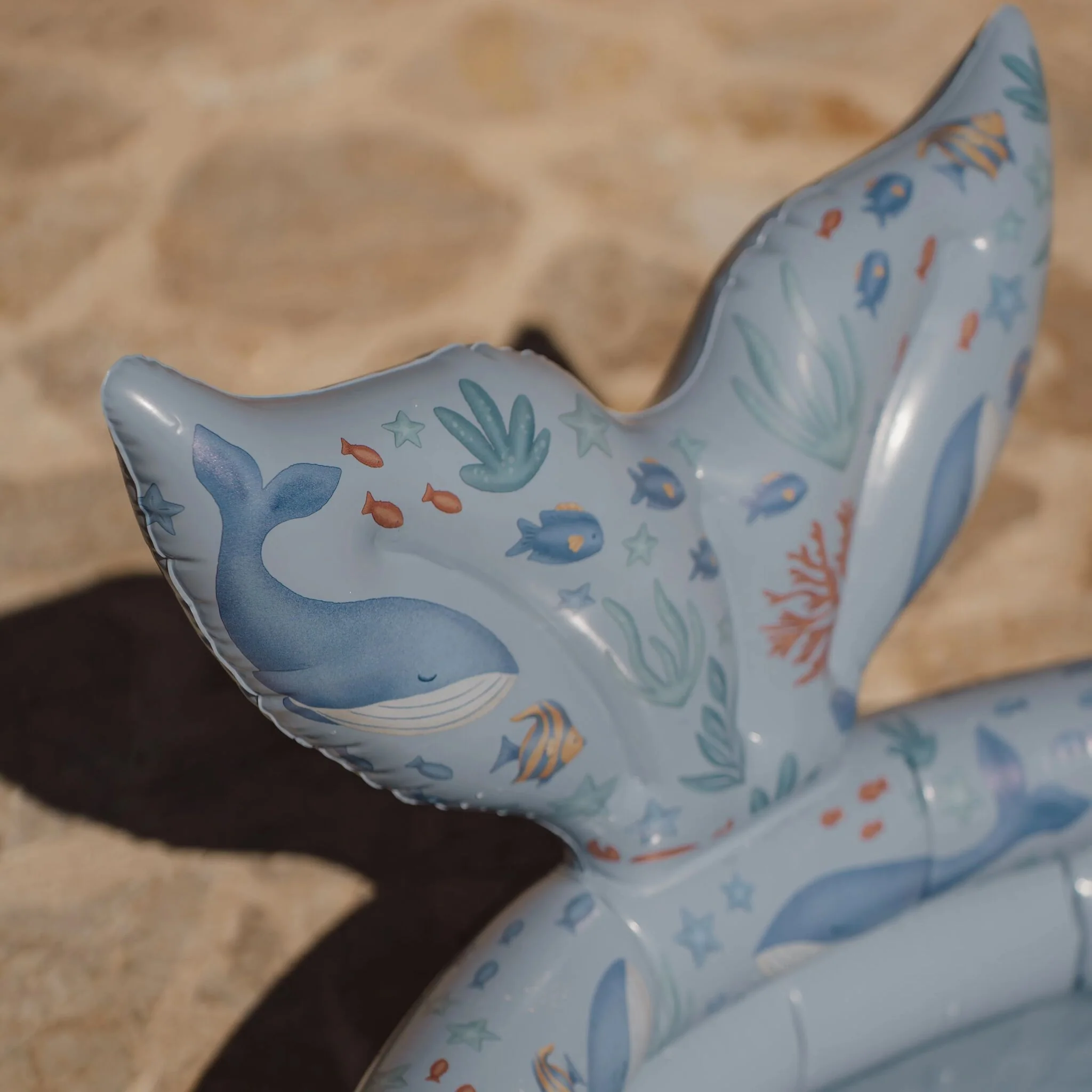 image_41838 Close-up of a light-blue balloon with ocean-themed illustrations (fish, starfish, coral) along its edge, decorative and whimsical in appearance.