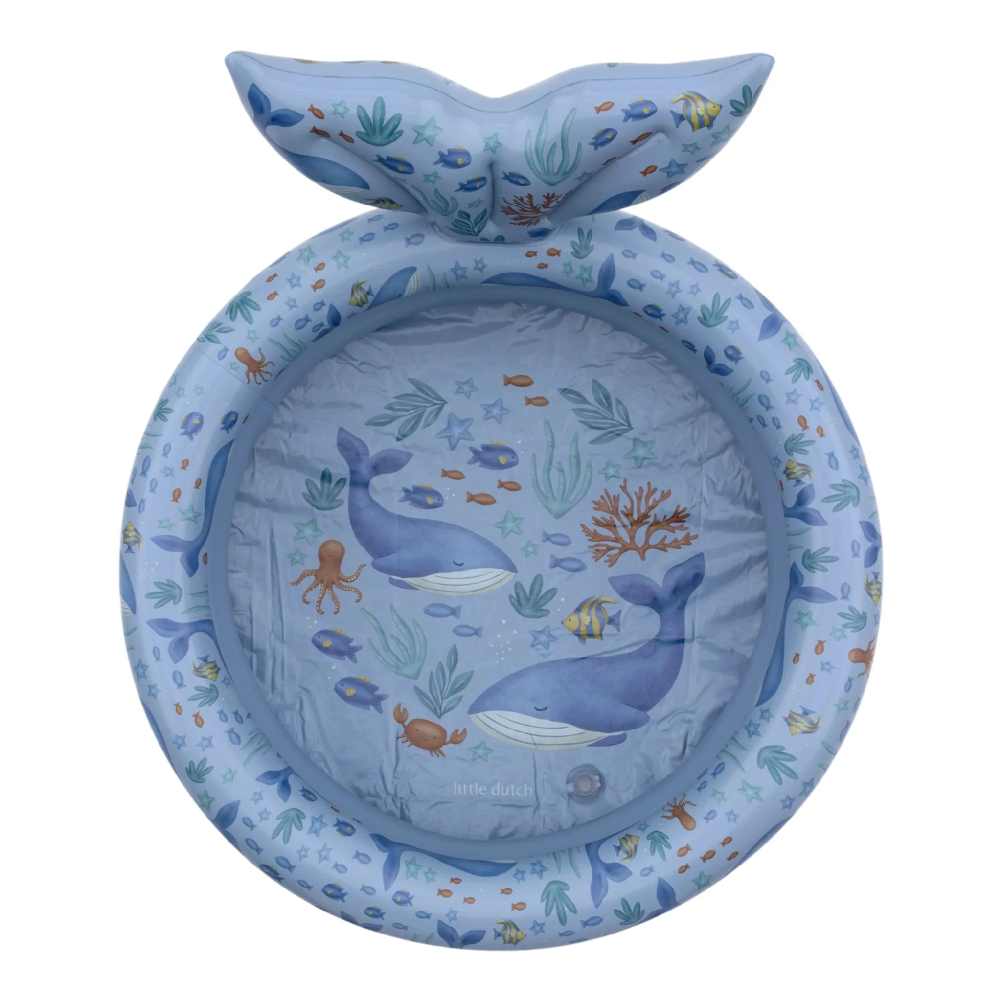 image_41839 Light blue inflatable swim ring decorated with fish, starfish, coral and seaweed patterns.