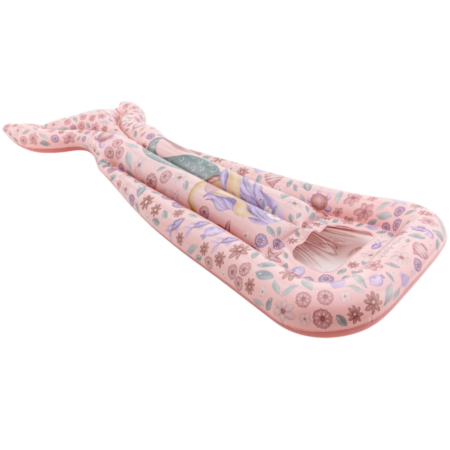 Pink inflatable pool lounge with a floral pattern and leg-opening seats, for lounging in water in a pool or at the beach.